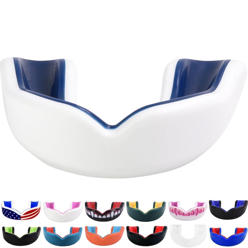 Oral Mart حارس الفم للأطفال من أورال مارت باللونين الأبيض والأزرق الداكن للرياضات - حارس فم للشباب للكاراتيه، كرة القدم، فنون القتال، التايكوندو، الملاكمة، الرجبي، BJJ، موياي تاي، كرة القدم، الهوكي (مع علبة مجانية) - Image 1